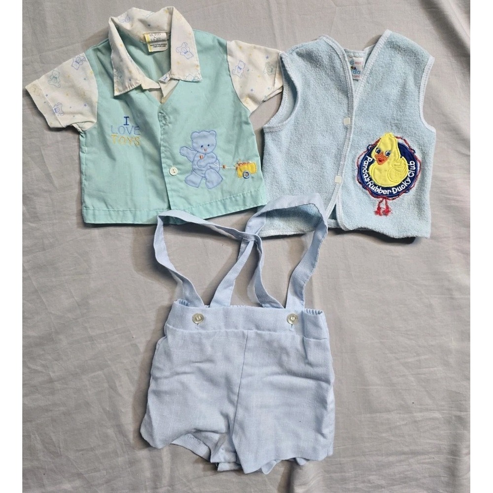Vintage Baby Boys  Shirt Shorts  With Susperders  Blue 6 Months  Lot Of 3‎
